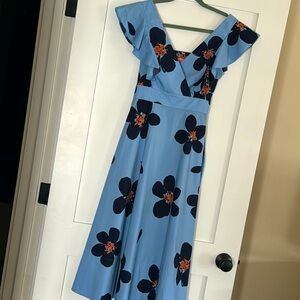 KATE SPADE Grand Flora Poplin Faux Wrap V-neck Midi Dress In Blue Size 2